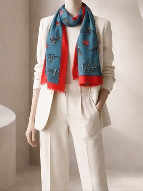Anthropologie Boden Red and Blue Patterned Scarf